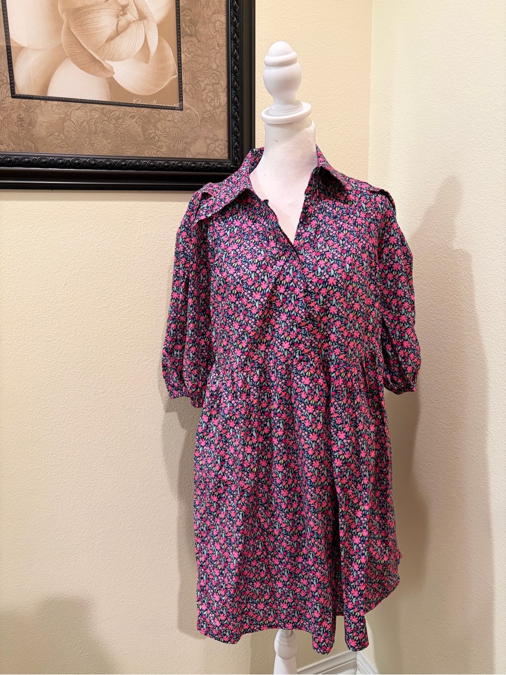 Meet Me in Santorini Floral Collared Midi Dress in Pink and Black size XS NWT